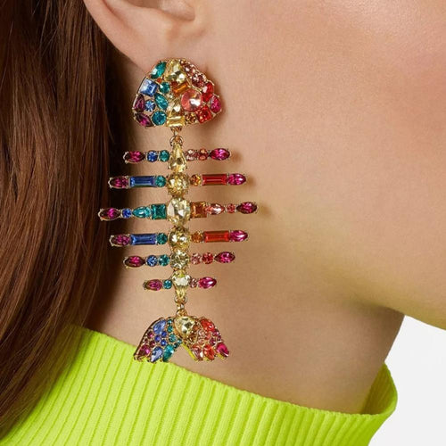 Women's Colored Crystal Fish Bones Design Earrings