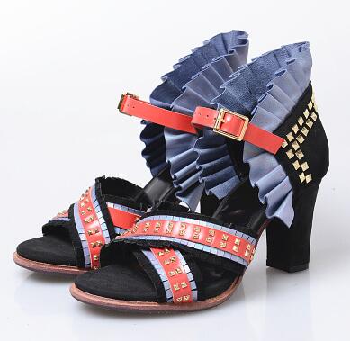Women's Multi Color Ruffles & Rivets Design High Heels