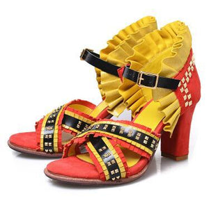 Women's Multi Color Ruffles & Rivets Design High Heels