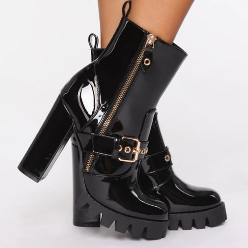 Women's Black Buckle Design Patent Leather Ankle Boots - Ailime Designs