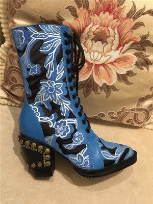 Women's Floral Embroidery Cowboy Style Ankle Boots w/ Rivet Design