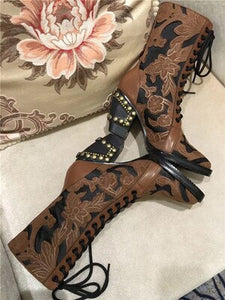 Women's Floral Embroidery Cowboy Style Ankle Boots w/ Rivet Design