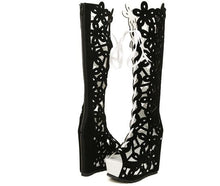 Load image into Gallery viewer, Women&#39;s Lattice Design Black Tie-up Wedge Shoe Boots