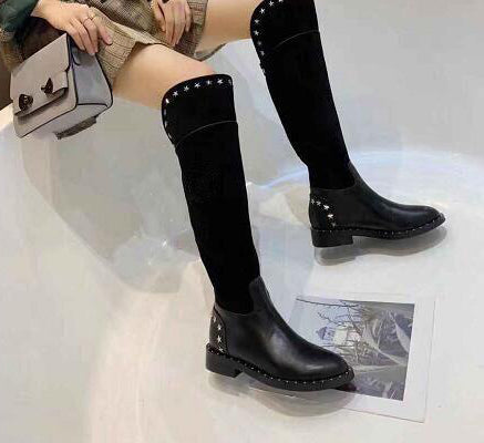 Women's Black Rivet Design Genuine Leather Skin Riding Boots