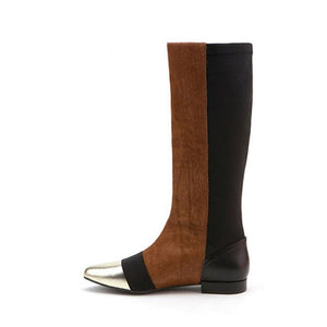 Women's Stylish Block Print Design Leather Skin Boots w/ Flat Heels