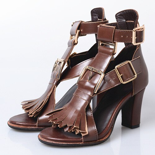 Women's Strap Ankle Gladiator Design - Genuine Leather & Fringe High Heels