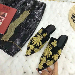 Women's Embroidered Insects & Stars Motif Design Mules