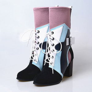 Women Lace Tie Genuine Leather Stretch Ankle Boots