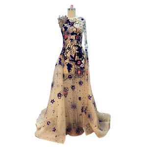 Champagne Beaded Sheer Floral Design Evening Gown - Ailime Designs