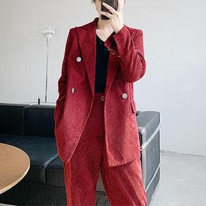 Wine Thick Corduroy 2pc Women's Pantsuit - Ailime Designs
