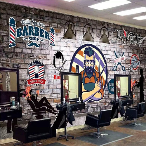 3D European Hand-painted Retro Barber Shop Wallpaper Murals