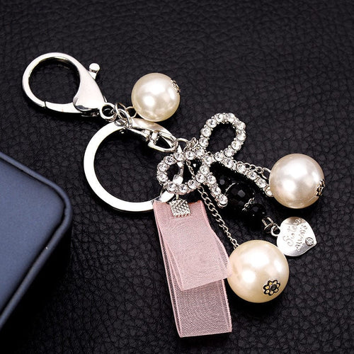 Pearl Beads & Ribbon Rhinestone Keychain Holders - Purse Accessories