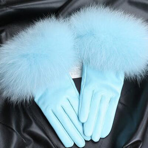 Women' Genuine Sheep Skin Leather Fur Trim Gloves