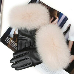 Women' Genuine Sheep Skin Leather Fur Trim Gloves