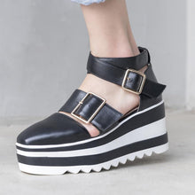 Load image into Gallery viewer, Women&#39;s Genuine Black &amp; White Leather Platform Wedge Sandals