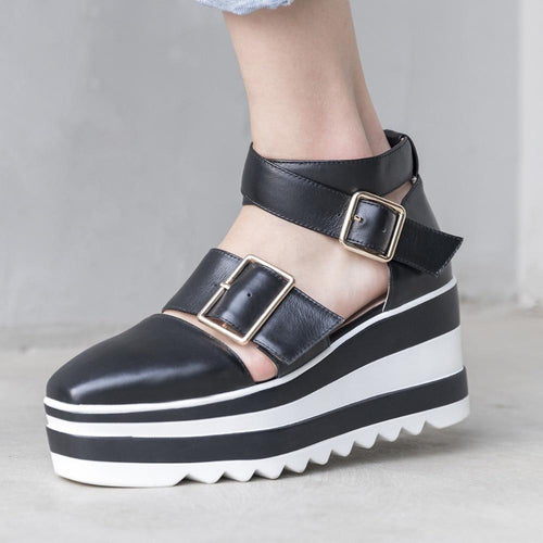 Women's Genuine Black & White Leather Platform Wedge Sandals