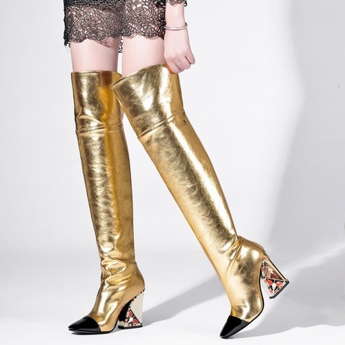 Women's Metallic Genuine Leather Skin Thigh High Boots
