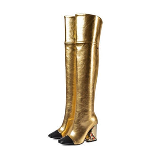 Women's Metallic Genuine Leather Skin Thigh High Boots