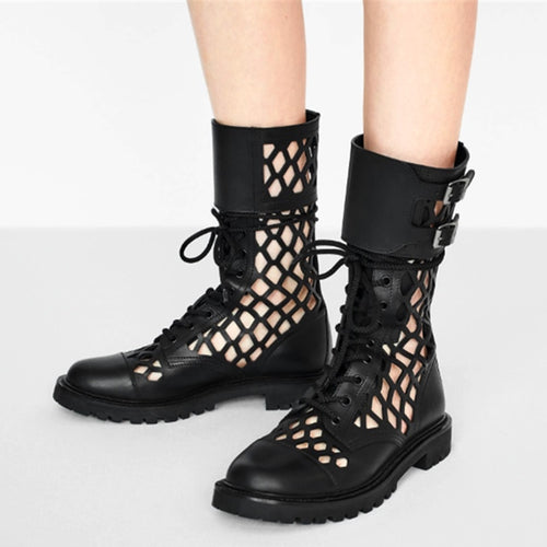 Women's Hollow-cut Genuine Punk Style Leather Boots