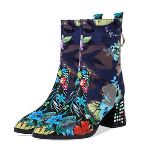 Women's Chic Style Floral Print Design Ankle Boots