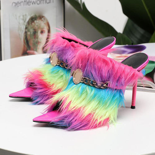Women's Rainbow Fur Design Mules