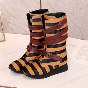 Women's Strappy Horsehair Design Ankle Boots