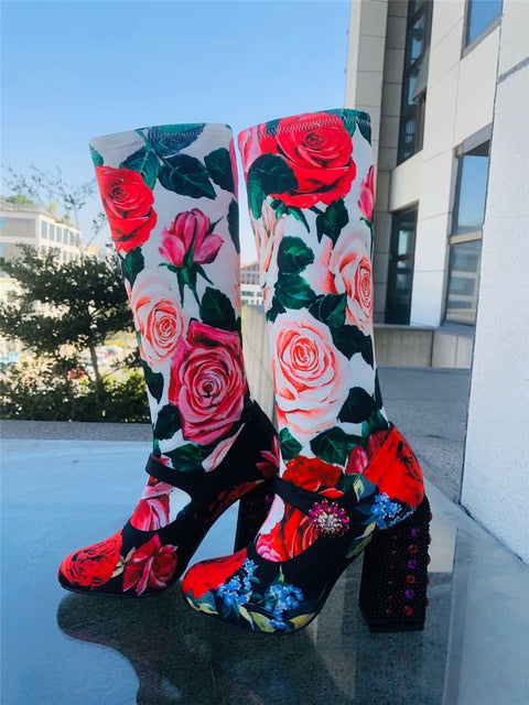 Women's Roses Print Design Sock Stretch High Heels - Ailime Designs