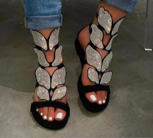 Women's Crystal Leaf Applique Design Gladiator Sandals