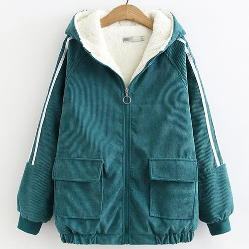 Green Zipper Front Women's Thick Corduroy Hooded Jackets - Ailime Designs