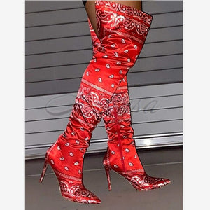 Women's Scarf Print Design Thigh High Boots