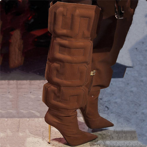 Women's Embossed Letter Print Design Stretch Thigh High Boots