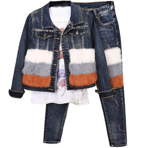 Women’s Street Style Fantastic Blue Denim 2pc Rabbit Jacket & Pants Set