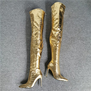 Women's Gold Crocodile Print Design Thigh High Boots