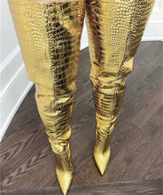 Load image into Gallery viewer, Women&#39;s Gold Crocodile Print Design Thigh High Boots