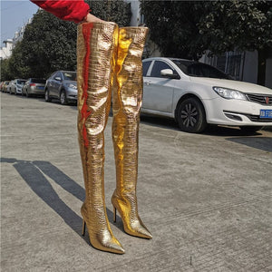 Women's Gold Crocodile Print Design Thigh High Boots