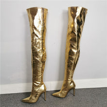 Load image into Gallery viewer, Women&#39;s Gold Crocodile Print Design Thigh High Boots