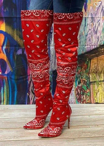 Women's Scarf Print Design Thigh High Boots