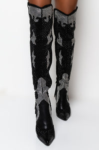 Women's Cowboy Inspired Rhinestones/Crystal Design Fringe Thign High Boots