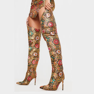 Women's Embroidered Print Design Chaps Style Thigh High Boots