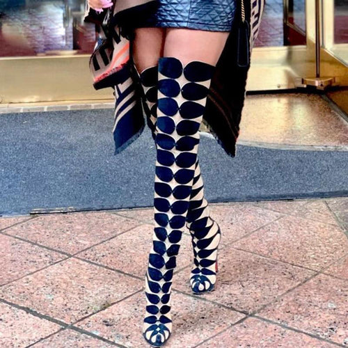 Women's  Geometric Link Design Gladiator Style Thigh High Boots