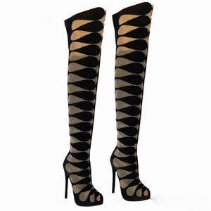 Women's  Geometric Link Design Gladiator Style Thigh High Boots