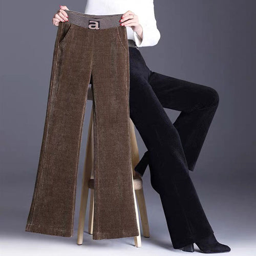 Bell Leg Women's Brown Elastic Waist Thick Corduroy Pants - Ailime Designs