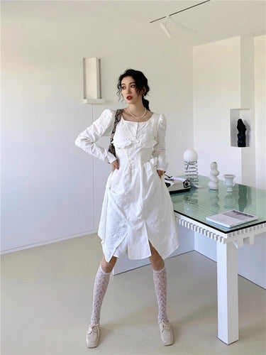 Women's White Ruffle Trim Design A-line Tunic Dress