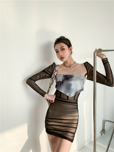 Women's Sheer Ruched Design Bodycon Mini Dress