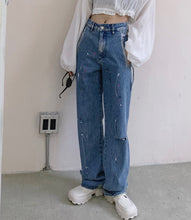 Load image into Gallery viewer, Women's High Waist Splatter Ink Design Frayed Hollow-cut Jeans