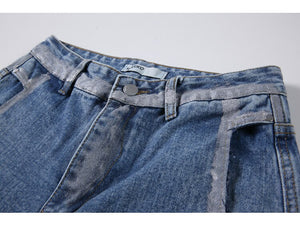 Women's High Waist Splatter Ink Design Frayed Hollow-cut Jeans