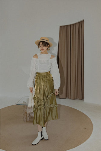 Women's High Waist A-Line Radiant Glow Design Ruffle Trim Skirt