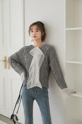 Women's Contrast Knit & Lace Design  Sweater
