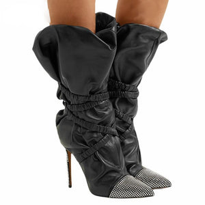 Women's Faux Leather Embellished Crystal Design Ruffle Ankle Boots