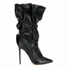 Load image into Gallery viewer, Women&#39;s Faux Leather Embellished Crystal Design Ruffle Ankle Boots